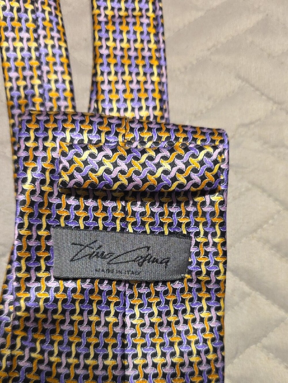 Yellow and Purple Geometric Silk Tie - Picture 2 of 3